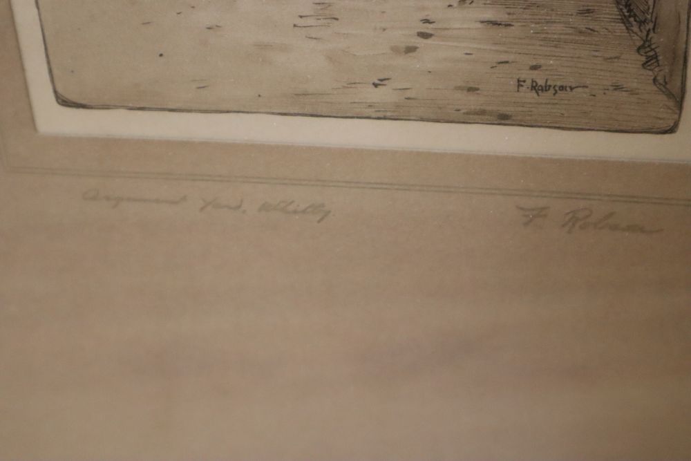 Garmen Morrish, watercolour, Whitby, 38 x 13cm and an etching by F. Robson, 26 x 13cm